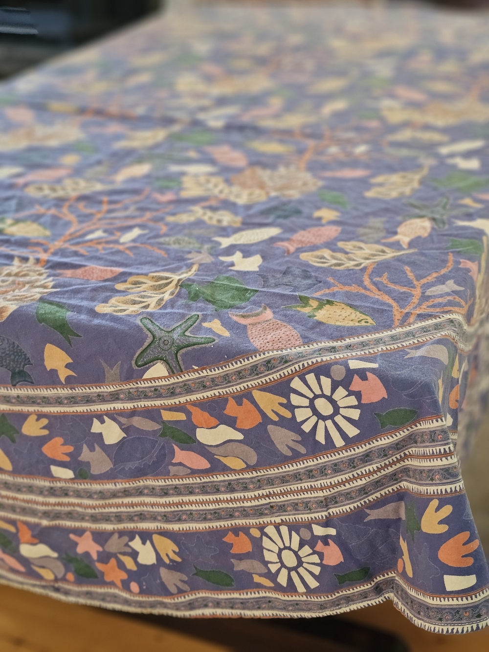 Printed Purple Coastal Tablecloth with Multicolor Sea Life Motif